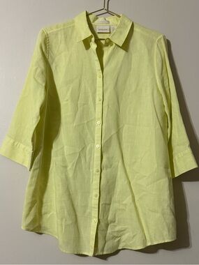 Chico's Lightweight Linen Button-Up Shirt in Lemon Yellow 3/4 sleeve Sz 1 (8) M